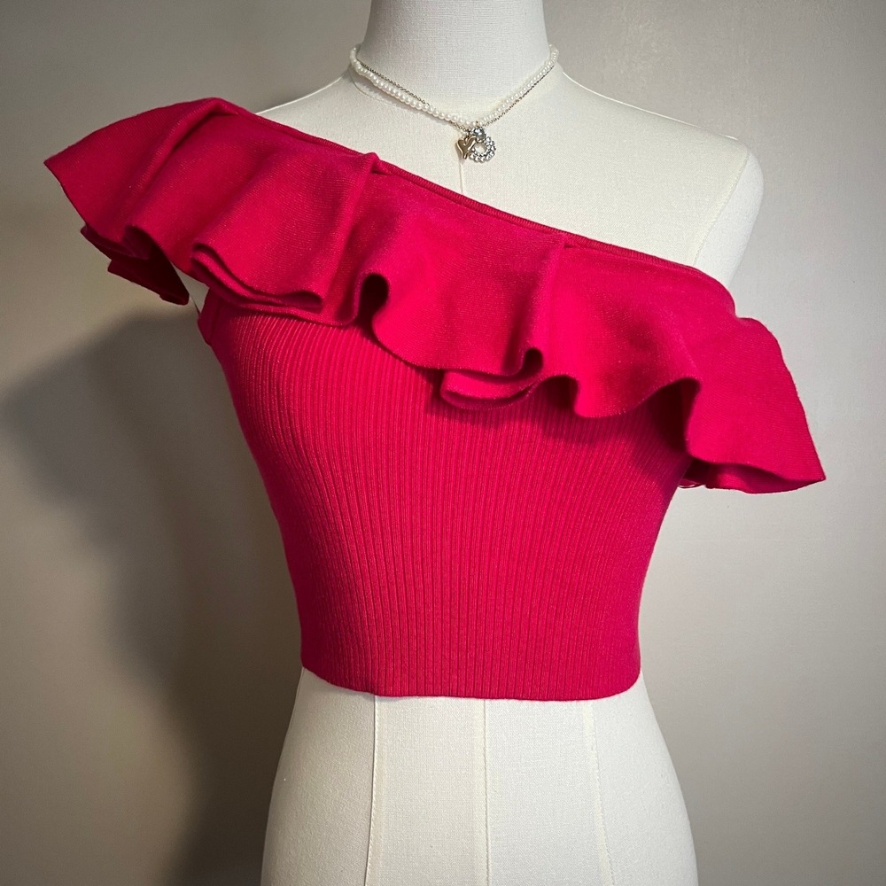 Express Womens Fuchsia Pink Ribbed One Shoulder Ruffle Crop Top Size Small - Picture 2 of 7